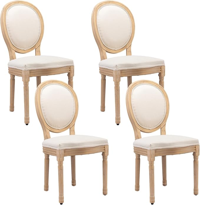 Linen Wooden Dining Chair Set of 4, Upholstered Farmhouse Dining Chair with Solid Wood Frame, Kitchen & Dining Room Chairs for Living Room, Restaurant, Bedroom (Beige-Padded, Set of 4)