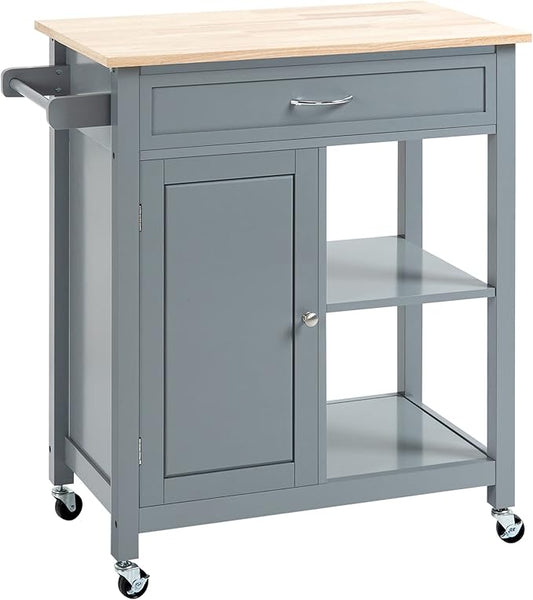 Kitchen Island Cart, Rolling Kitchen Island with Storage Shelf, Solid Wood Top, Drawer, for Dining Room, Gray