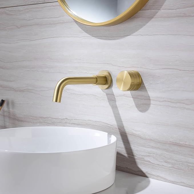TRUSTMI Brass Bathroom Faucet Brick-Pattern Single Handle Wall Mount Vessel Sink Faucet (Rough-in Valve Included), Brushed Gold
