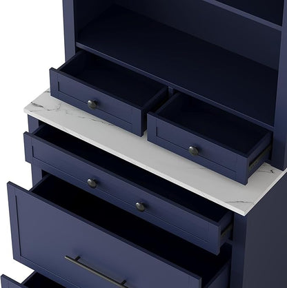Modern 83.7inch High Kitchen Pantry Freestanding Tall Hutch with Faux Marble Top Display Cupboard with 5 Storage Drawers Practical(Blue)