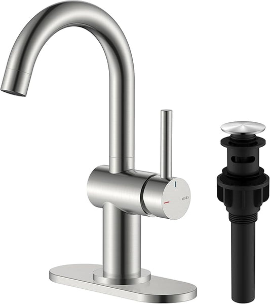 KENES Brushed Nickel Bathroom Faucet Single Handle Modern Prep Wet Bar Sink Faucet Bathroom Sink Faucets with Drain Assembly & Deck Plate, Farmhouse RV Camper Outdoor Utility Faucet, KE-9005B