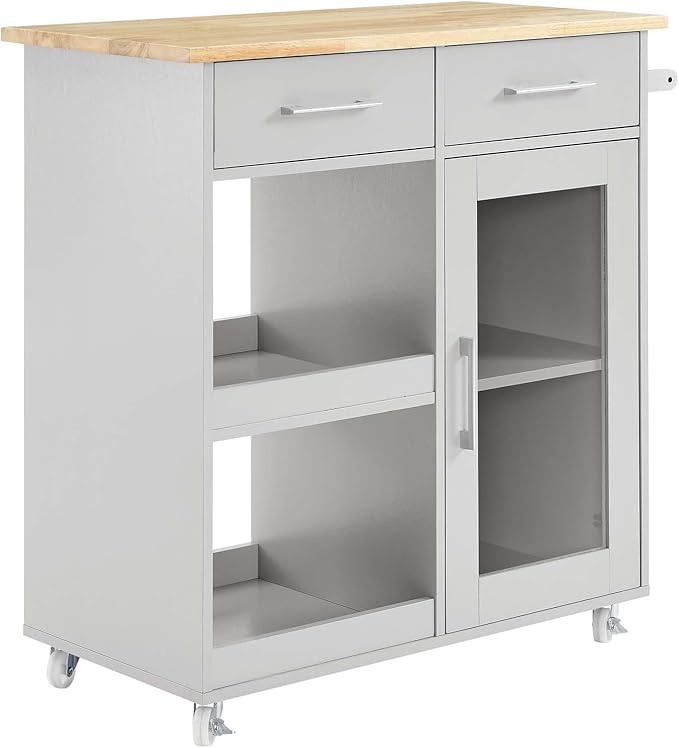 Modway Culinary Rolling Kitchen Cart with Storage in Light Gray Natural - 3 Tiers Kitchen Island on Wheels with Towel Bar, Functional as a Coffee Station, Bar Cabinet or Butcher Block Island