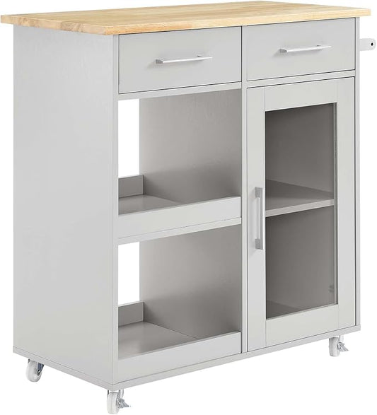 Modway Culinary Rolling Kitchen Cart with Storage in Light Gray Natural - 3 Tiers Kitchen Island on Wheels with Towel Bar, Functional as a Coffee Station, Bar Cabinet or Butcher Block Island