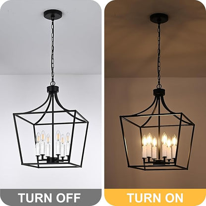 6-Light Large Classic Lantern Chandelier in Black, Height Adjustable Hanging Pendant Light Fixture for Kitchen Island Dining Room Foyer, E12 Bulb Base