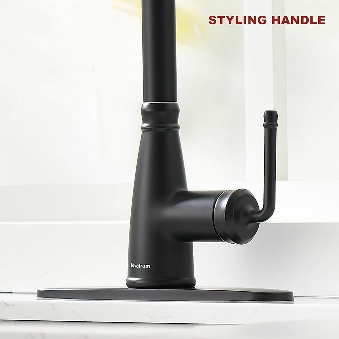 Kitchen Faucet with Pull Down Sprayer, 17 inch Matte Black Antique Single Handle Pull Out Kitchen Sink Faucet with Deck Plate for Classic Modern Ktichen
