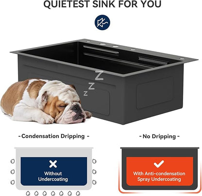 Lordear 31 Inch Drop In Waterfall Kitchen Sink with Faucet 31x20 Black Kitchen Sink Ledge Workstation Gunmetal Black 16 Gauge Single Bowl Topmount Handmade Sinks with Cup Washer