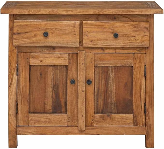 Brown Solid Mahogany Wood Sideboard, Distressed Finish, 29.5" Living Room Buffet Cabinet with Storage, Elegant Brass Handles, Indoor Furniture Kitchen Furnitur
