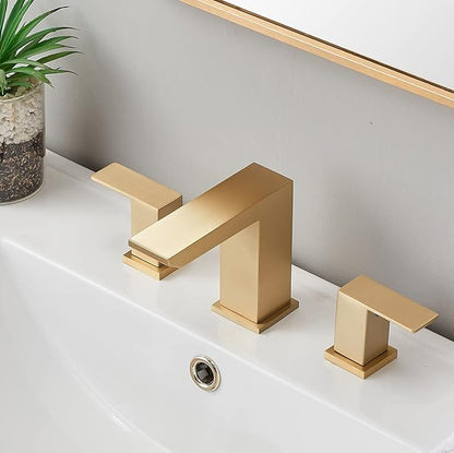 Brushed Gold Bathroom Sink Faucet, 3 Hole Waterfall Bathroom Faucet, 2 Handle Vanity Bath Faucets, Modern Bathroom Faucet with Supply Hoses and Drain