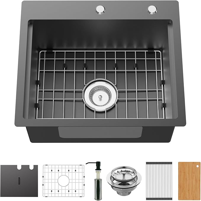 Black Stainless Steel Drop In Single Bowl Sink, 21"x18" With Dust Lid, Built-in Ledge Topmount Workstation Sink for Outdoor & Indoor Kitchens