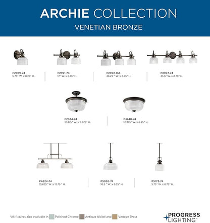Progress Lighting P2991-74 Archie Collection Clear Double Prismatic Glass Coastal Bath Vanity, 2-Light, Venetian Bronze