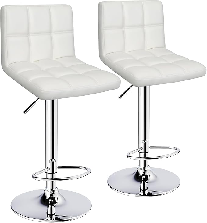 ERGOSEAT Bar Stools Set of 2,Armless Adjustable Swivel Barstools with Back,6-Squares Double Needle PU Leather Counter Height Bar Stools for Kitchen Island,White