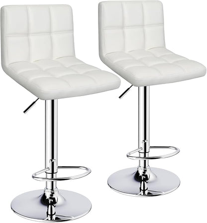 ERGOSEAT Bar Stools Set of 2,Armless Adjustable Swivel Barstools with Back,6-Squares Double Needle PU Leather Counter Height Bar Stools for Kitchen Island,White