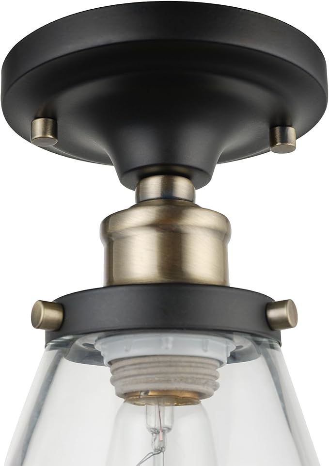 GLOBE Electric 65380 1-Light Flush Mount Ceiling Light, Dark Bronze, Antique Brass Accents, Glass Shade, Bedroom Lighting Fixtures Ceiling, Dining Room Fixture, Lighting for Hallway