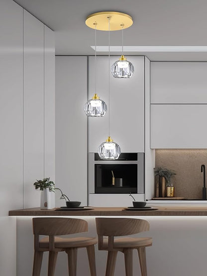3-Light Dimmable LED Gold Pendant Light,Crystal Ball Chandelier for Dining Room Bedroom Pendant Light Kitchen Island 15W
