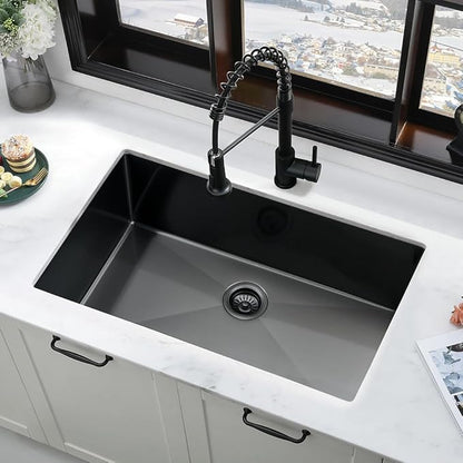 33 Inch Black Kitchen Sink and Faucet Combo Set-iAnomla 33x19 Undermount Sinks Black Stainless Steel Single Bowl Deep Kitchen Sink with Faucet Combo