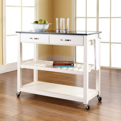 Crosley Furniture Granite Top Kitchen Prep Rolling Cart, Microwave Stand, Coffee Bar, with Shelves, White