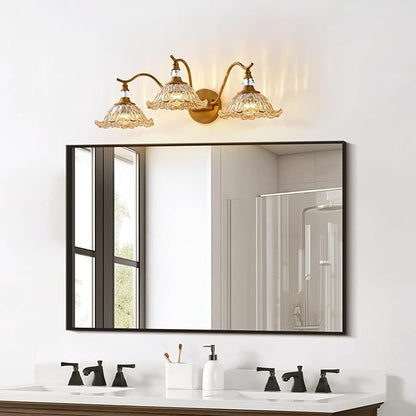 Vintage Bathroom Vanity Light Fixtures - 3 Light Antique Brass Bathroom Lights Fixture Over Mirror with Amber Flower Glass,Retro Brushed Gold Bronze Wall-Mounted Vanity Lighting for Powder Room
