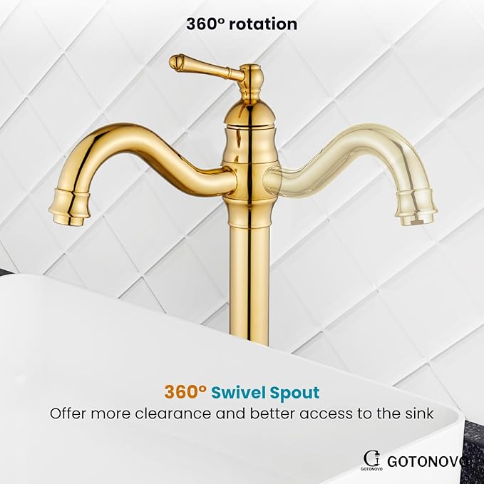 gotonovo Vessel Sink Faucet 360° Swivel Spout Single Handle Tall Bathroom Faucet 1 Hole Farmhouse Lavatory Washbasin Mixer Tap Matching Supply Hoses, with Pop Up Drain, Polish Gold
