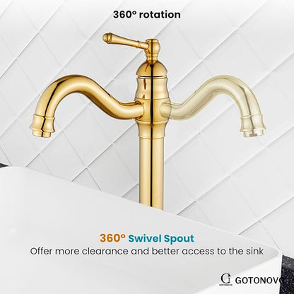 gotonovo Vessel Sink Faucet 360° Swivel Spout Single Handle Tall Bathroom Faucet 1 Hole Farmhouse Lavatory Washbasin Mixer Tap Matching Supply Hoses, with Pop Up Drain, Polish Gold