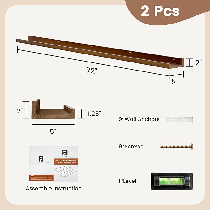FLYJOE Picture Ledge Shelf, Floating Shelves Set of 2, Solid Pine Wood 72'' Long Large Nursery Book Shelves for Toys Storage, Kids Bookshelf for Living Room Bedroom Decor Books Photo Frames, Walnut