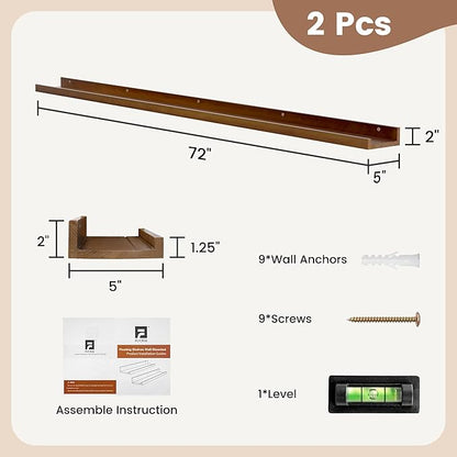 FLYJOE Picture Ledge Shelf, Floating Shelves Set of 2, Solid Pine Wood 72'' Long Large Nursery Book Shelves for Toys Storage, Kids Bookshelf for Living Room Bedroom Decor Books Photo Frames, Walnut