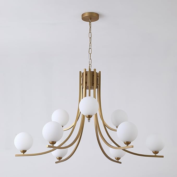 Glass Globe Chandeliers for Dining Room，12-Light Gold Sputnik Light Fixture Milk White Globe Glass Modern Chandeliers for Living Room Kitchen Light Fixture