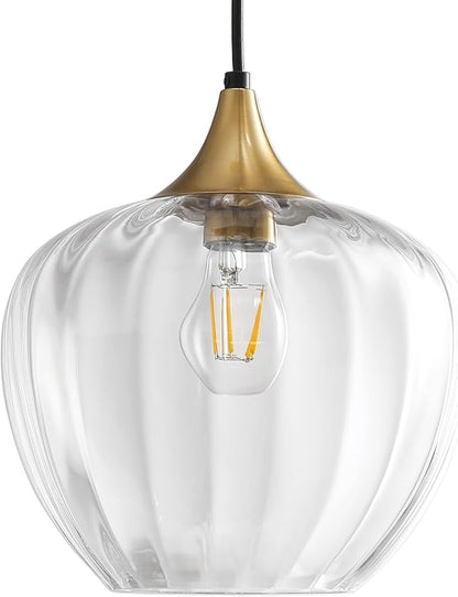 Clear Glass Pendant Lights Kitchen Island, 9" Round Lampshade Vintage Hanging Lamp Ceiling Lighting Fixtures, Gold Modern Chandelier for Dining Room Restaurant Bedroom Foyer Entryway
