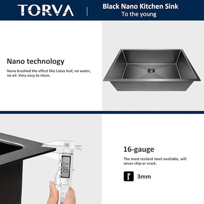 TORVA 30 x 18 Inch Black Ceramic Coating with NanoTek Undermount Kitchen Sink, PVD Coated Gunmetal Sink,16 Gauge Stainless Steel Wet Bar or Prep Sinks Single Bowl,Dark Grey