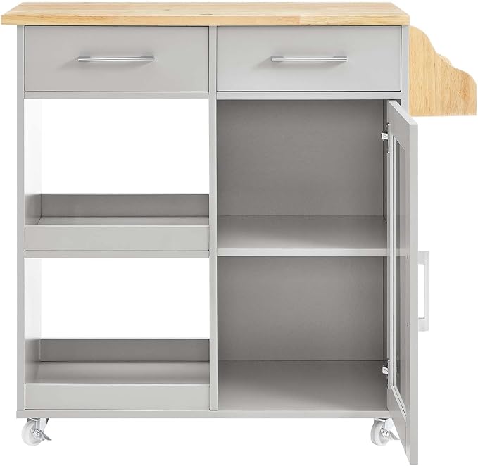 Modway Culinary Rolling Kitchen Cart with Storage in Light Gray Natural - 3 Tiers Kitchen Island on Wheels with Spice Rack, Functional as a Coffee Station, Bar Cabinet or Butcher Block Island