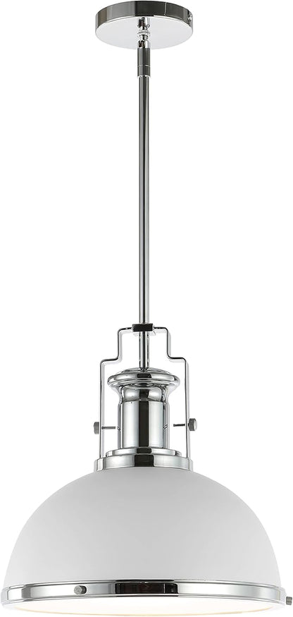 JONATHAN Y 13" Chrome/White Modern Industrial Iron LED Dome Pendant Light, Adjustable Hanging Fixture for Kitchen Island or Entryway, Black Metal Shade, LED Bulb Included (JYL9536C)