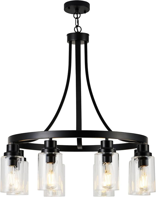 8 Light Chandeliers for Dining Room Linear Kitchen Island Lighting with Rectangular Clear Glass Shades, Modern Pendant Light Fixture Black for Kitchen Dining Room Living Room