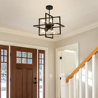 Small Modern Lantern Chandeliers, Geometric Black Pendant Lighting, 8-Light Industrial Hanging Chandelier Light Fixture for Dining Room, Kitchen, Bedroom, Foyer, Entryway, Farmhouse UL Listed