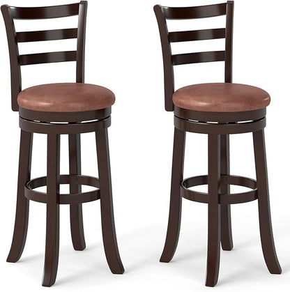 Giantex Swivel Bar Stools Set of 2, 30" Upholstered Counter Height Bar Chairs w/High Backrest, Faux Leather Seat, Solid Rubber Frame & Wrap-Around Footrest, Wooden Barstools for Kitchen Island, Pub