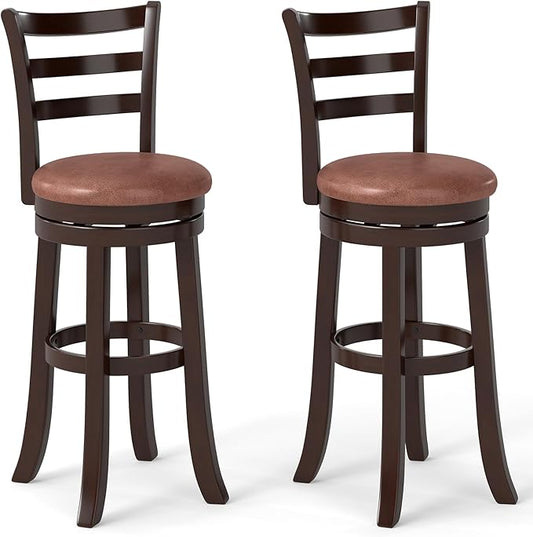 Giantex Swivel Bar Stools Set of 2, 30" Upholstered Counter Height Bar Chairs w/High Backrest, Faux Leather Seat, Solid Rubber Frame & Wrap-Around Footrest, Wooden Barstools for Kitchen Island, Pub
