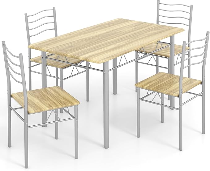 Giantex Modern 5 Piece Dining Table Set for 4 Chairs Wood Metal Kitchen Breakfast Furniture (Natural)