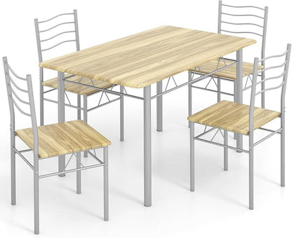 Giantex Modern 5 Piece Dining Table Set for 4 Chairs Wood Metal Kitchen Breakfast Furniture (Natural)