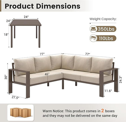 UDPATIO 6 Piece Patio Furniture Set, Metal Outdoor Sectional Sofa with 6" Thick Olefin Cushions, Wide Armrest & Coffee Table, L Shaped Outdoor Furniture for Garden, Backyard Beige