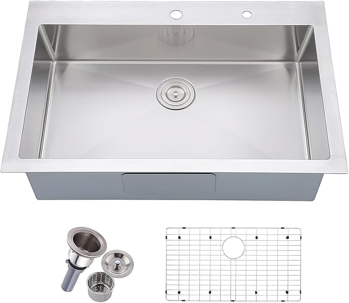 Friho 30 Inch Drop in Kitchen Sink, 30x18 Top Mount Commercial Handmade 18 Gauge Single Bowl Stainless Steel Sink With Dish Grid and Basket Strainer