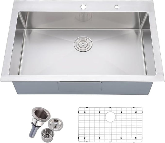 Friho 30 Inch Drop in Kitchen Sink, 30x18 Top Mount Commercial Handmade 18 Gauge Single Bowl Stainless Steel Sink With Dish Grid and Basket Strainer