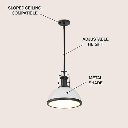 JONATHAN Y 13" Matte Black/White Modern Industrial Iron LED Dome Pendant Light, Adjustable Hanging Fixture for Kitchen Island or Entryway, Black Metal Shade, LED Bulb Included (JYL9536E)