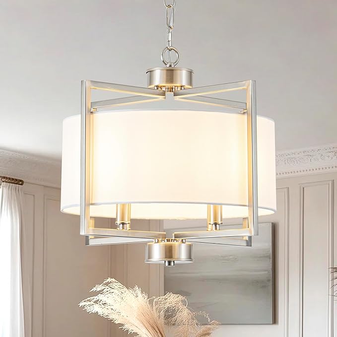 Modern Drum Chandelier for Dining Room, 4 Light Adjustable Rustic White Fabric Drum Chandeliers, Brushed Nickel Farmhouse Lights Hanging Light Fixture for Bedroom Living Room Hallway