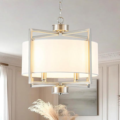 Modern Drum Chandelier for Dining Room, 4 Light Adjustable Rustic White Fabric Drum Chandeliers, Brushed Nickel Farmhouse Lights Hanging Light Fixture for Bedroom Living Room Hallway