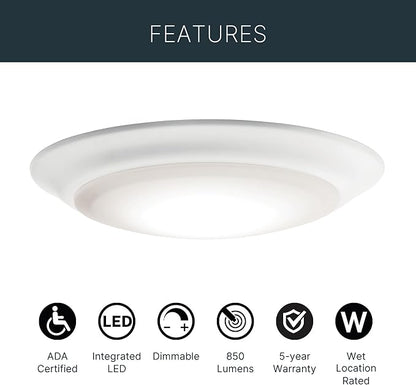 Kichler Gen I LED Downlight, 7.5" Ceiling Flush Mount Interior Dimmable Light, 2700K, (7.5" x 1.5"), White, 43846WHLED27