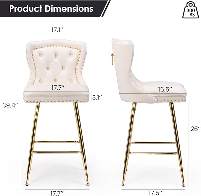 Luxurious Velvet Counter Height Bar Stools Set of 2 with Metal Legs, Button Tufted, Nailheads Trim, Wing-Back Bar Chairs for Kitchen Island Dining Room Pub(Beige)