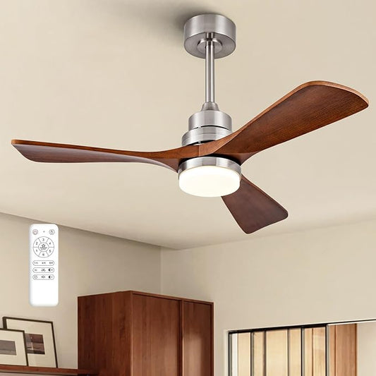 42 Inch Ceiling Fans with Lights, Remote Control, Dimmable, Solid Wood Blades, Power-Off Memory, Quiet DC Motor, Brushed Nickel Modern Ceiling Fan for Farmhouse Living Room Bedroom Outdoor Patio