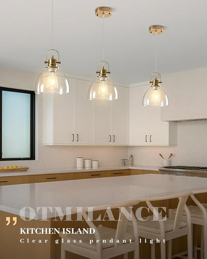 Glass Pendant Lights Kitchen Island, 7.5 inch Gold Glass Pendant Lights 1-Pack, Modern Pendant Light with Clear Glass Shade, Farmhouse Kitchen Pendant Light for Dining Rooms, Kitchen Island