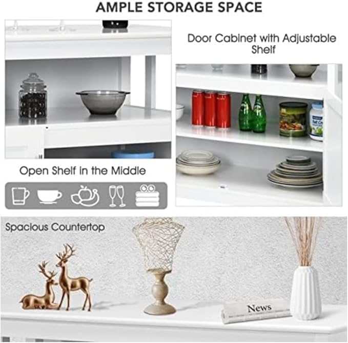 Sideboard Buffet Storage Cabinet Wood Kitchen Cupboard Server Console Island Table 2 Doors Storage Chest with Top Open Shelf (White)