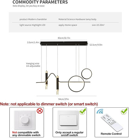 Siittoo Modern LED Pendant Lighting Fixtures, 45W Dimmable LED Modern Chandelier Lights with Geometric Shapes & Bubbles, 37'' Black Linear Wave Dining Room Light Fixture for Kitchen Island Living Room