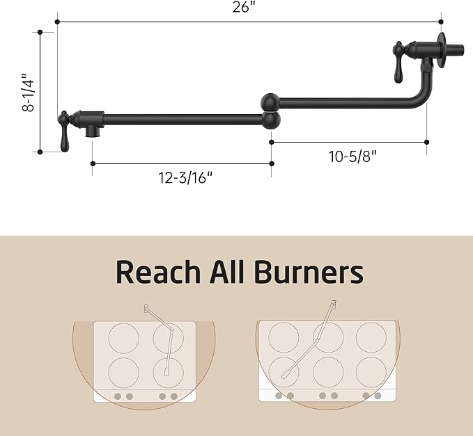 KES Upside Down Pot Filler Faucet with Heat-Resistant Cartridge, 26'' No Lead 18/8 Stainless Steel Over Stove Kitchen Pot Filler Faucets with Double Joints 360° Swing Arm Wall Mount, Black