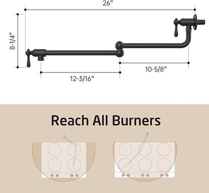 KES Upside Down Pot Filler Faucet with Heat-Resistant Cartridge, 26'' No Lead 18/8 Stainless Steel Over Stove Kitchen Pot Filler Faucets with Double Joints 360° Swing Arm Wall Mount, Black